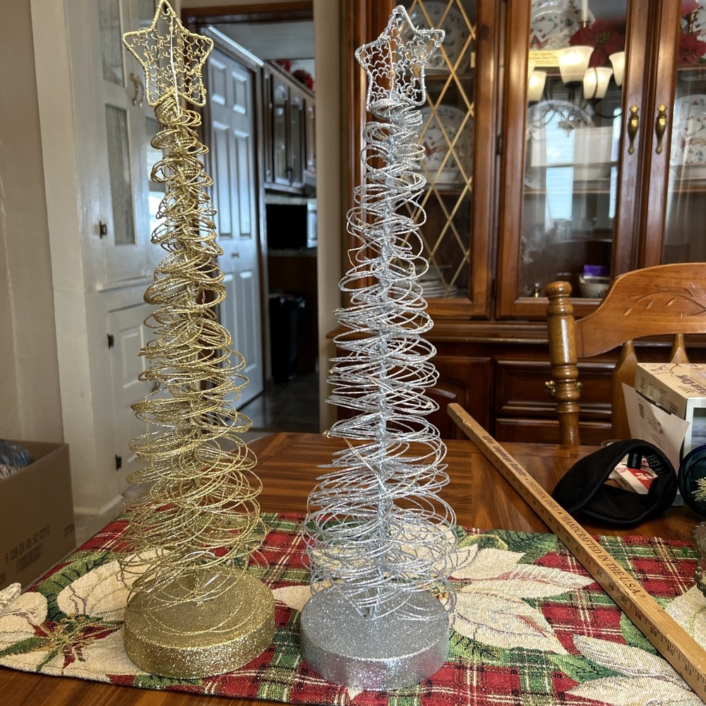 Lot 2 Silver & Gold Lighted Glitter Trees Holiday Winter Timer Battery‎